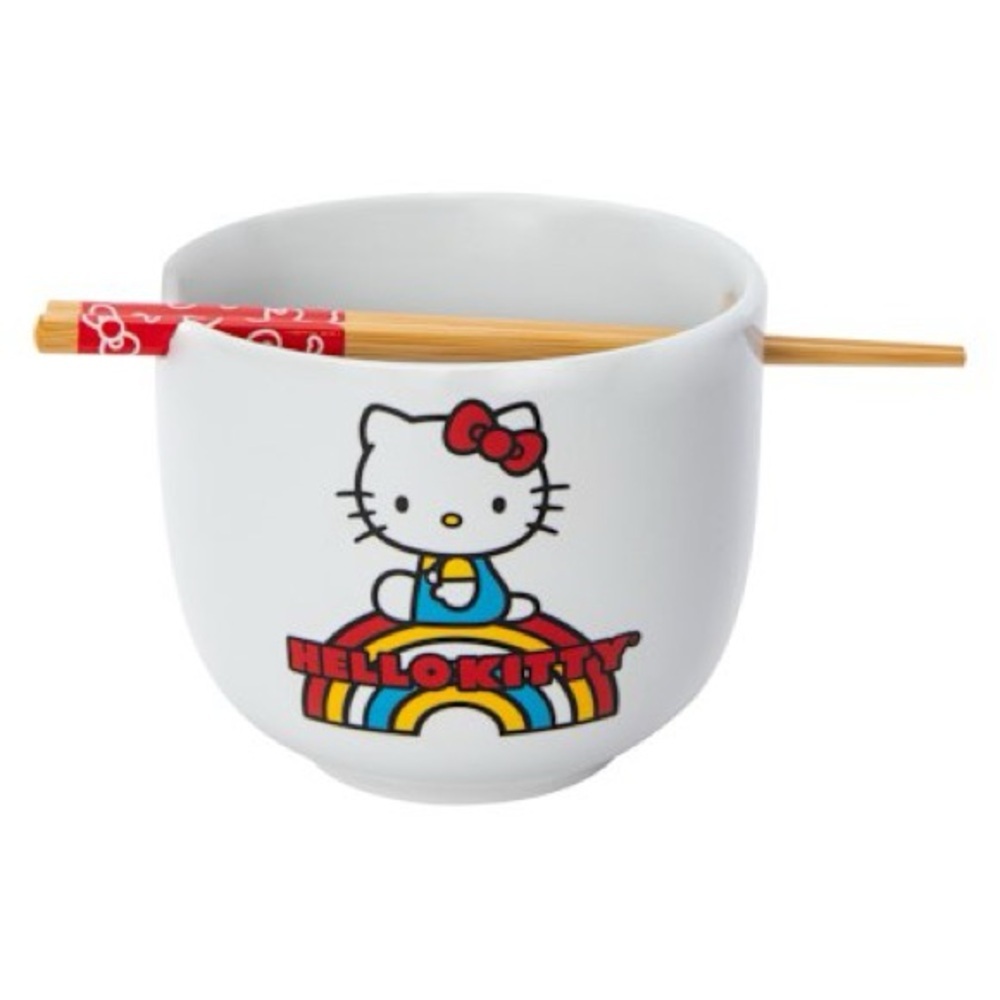 Hello Kitty Rainbow Ceramic Bowl With Chopsticks NWOT